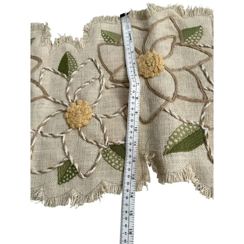 Pier 1 Imports Table Runner 37”x14” Tan Green Floral Natural Fiber Embroidered